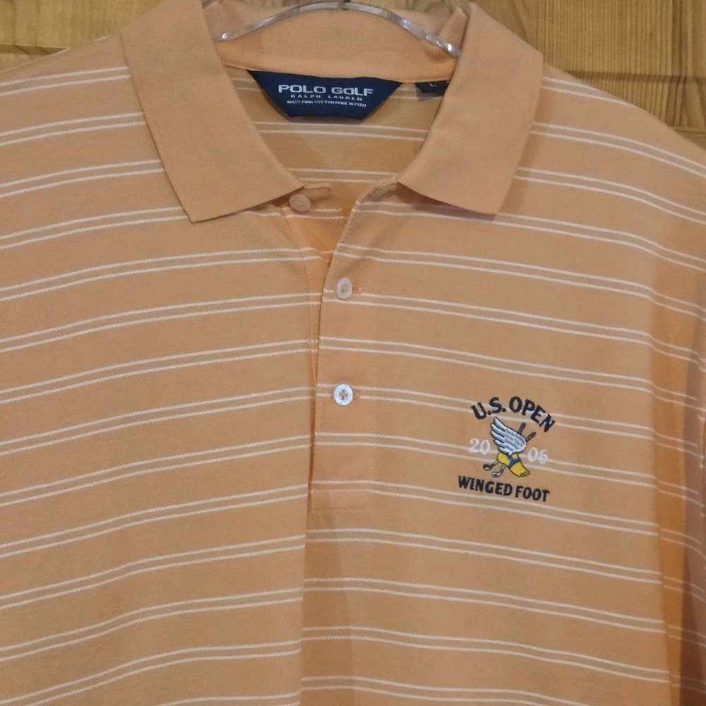 Ralph Lauren Polo Golf Shirt Mens US Open‎ Large Orange Striped